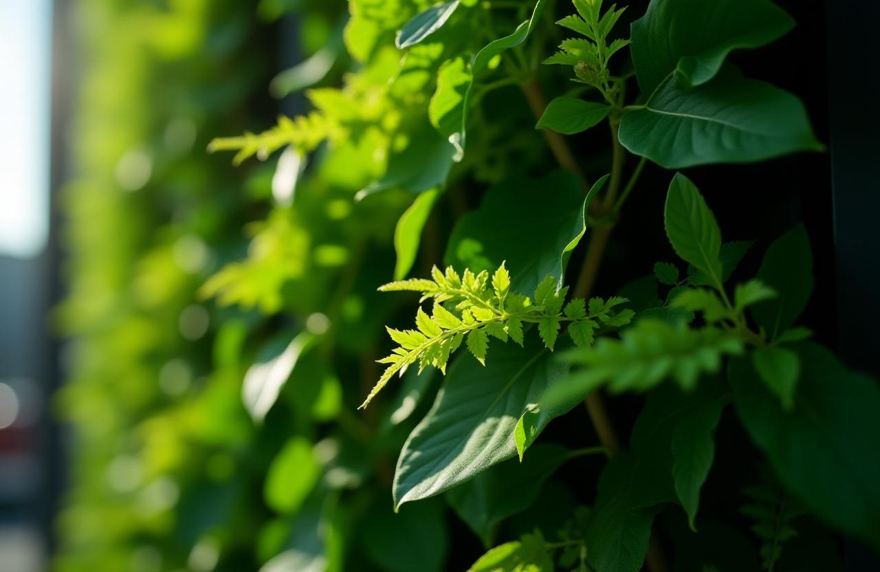 Close up of a modular vertical garden panel with lush green ferns
