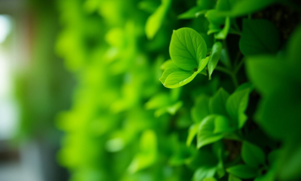 Close up of lush indoor living wall leaves with soft sunlight