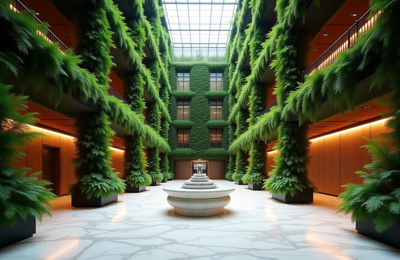 Lush vertical garden in a modern Manhattan office building
